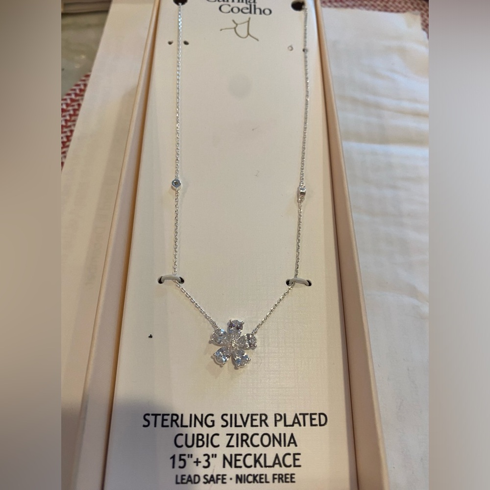 Camila Coelho flower CZ pendant solitaire sterling silver plated chain necklace
